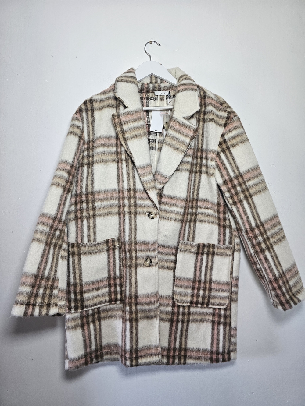 Lush Plaid Notch Lapel Pea Coat in Cream, Brown & Pink